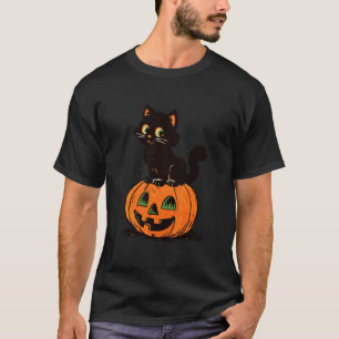 Vintage Schwarze Katze Halloween Kätzchen Kürbis K T-Shirt