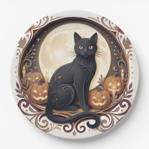 Vintage-Schwarze-Katze-Halloween-Papierplatten Pappteller