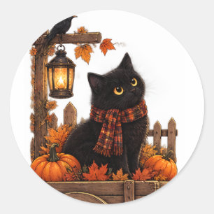 Vintage Schwarze Katze Herbsternte Runder Aufkleber