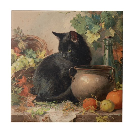 Vintage schwarze Katze im Herbst Früchte Fliese (Vorderseite)