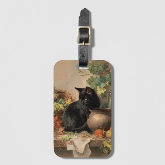 Vintage schwarze Katze im Herbst Früchte Gepäckanhänger (Vorderseite Vertikal)