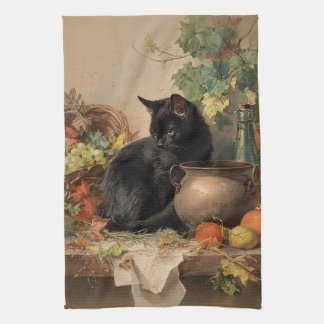 Vintage schwarze Katze im Herbst Früchte Geschirrtuch