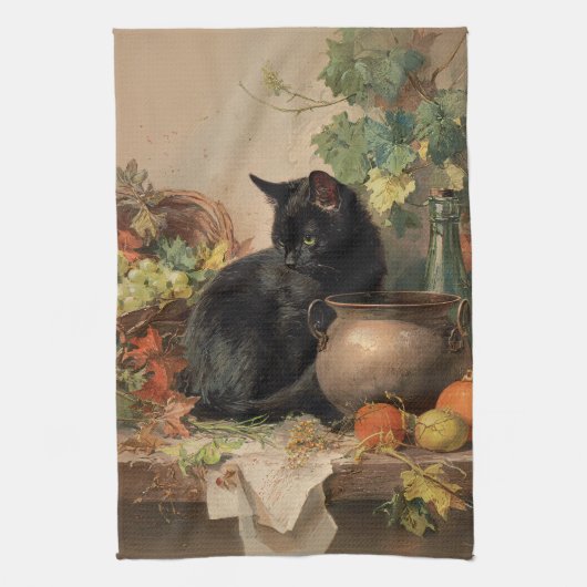 Vintage schwarze Katze im Herbst Früchte Geschirrtuch (Vertikal)