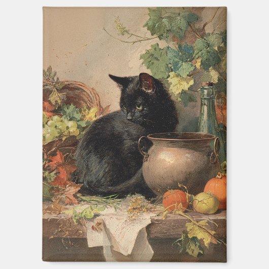 Vintage schwarze Katze im Herbst Früchte Magnet (Vorderseite)