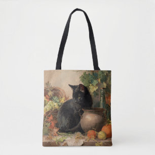 Vintage schwarze Katze im Herbst Früchte Tasche