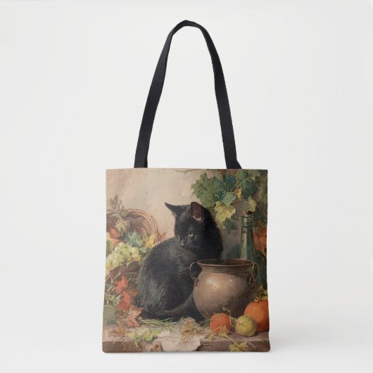 Vintage schwarze Katze im Herbst Früchte Tasche (Vorderseite)