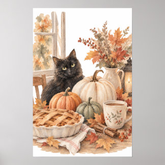 Vintage Schwarze Katze Kürbis Halloween Kunst Poster