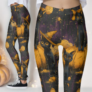 Vintage schwarze Katze & Kürbis   Mid-Century Grus Leggings