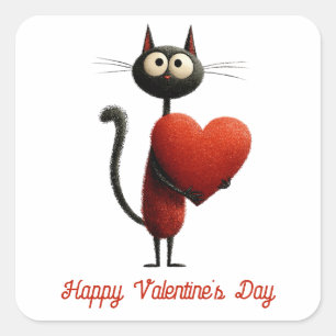 Vintage schwarze Katze mit Herz zum Valentinstag Quadratischer Aufkleber