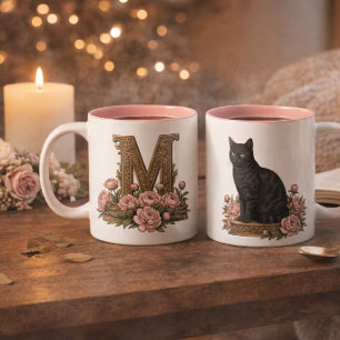 Vintage-Schwarze-Katze-Monogramm-Tasse Zweifarbige Tasse