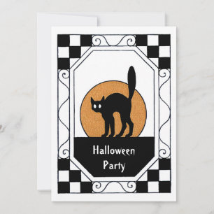 Vintage Schwarze Katze Orange Mond Halloween-Party Einladung