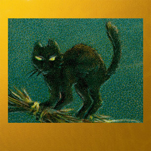 Vintage Schwarze Katze reitet auf Besen Halloween Poster