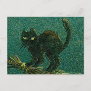Vintage Schwarze Katze reitet auf Besen Halloween Postkarte