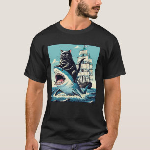 Vintage schwarze Katze reitet auf einem Hai Ozean  T-Shirt