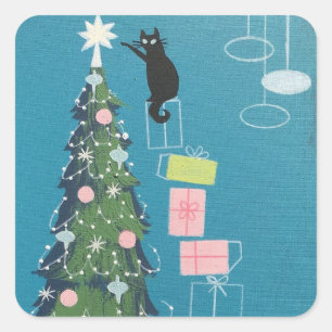 Vintage schwarze Katze schmückt Weihnachtsbaum Quadratischer Aufkleber