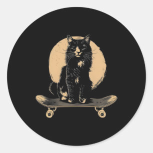 Vintage Schwarze Katze Skateboard Sonniges Skatebo Runder Aufkleber