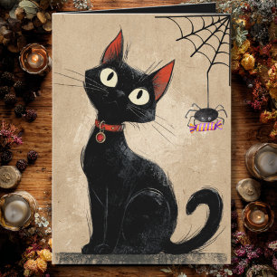 Vintage Schwarze Katze Süße Spinne Gothic Hallowee Karte