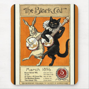 Vintage schwarze Katze und Bunny-Musiker Mousepad