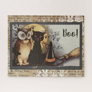 Vintage Schwarze Katze und Eule Halloween Puzzle