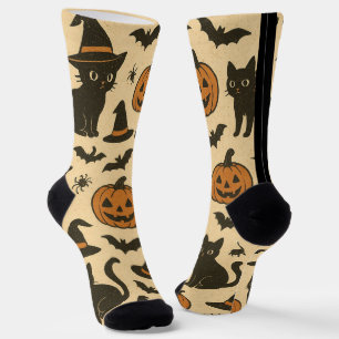 Vintage-Schwarze-Katze- und Kürbis-Halloween-Socke Socken