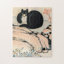 Vintage schwarze Katze und Narzisse von Zhu Ling