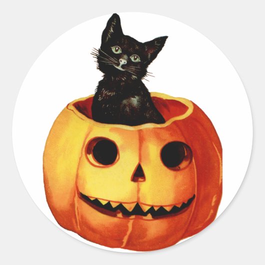 Vintage Schwarze Katze und Pumpkettensticker Runder Aufkleber (Vorderseite)
