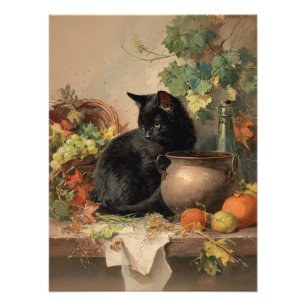 Vintage Schwarze Katze zwischen herbstlichen Früch Fotodruck