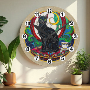 Vintage Schwarze Katzenkunst-Mosaikuhr, Dekorativ Runde Wanduhr