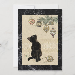 Vintage schwarze Marmorkatze mit Blick auf Ornamen Feiertagskarte