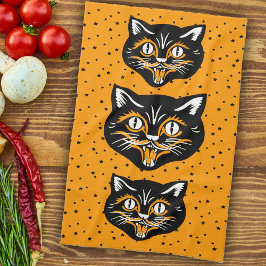 Vintage Schwarze Orange Halloween Cat Faces Stars Küchentuch