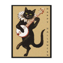 Vintage Schwarze Textkatze mit Banjo Halloween