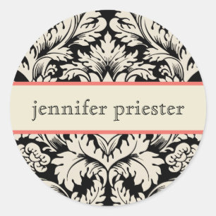 Vintage, schwarze und beige Damaskus-Flora 2 Runder Aufkleber
