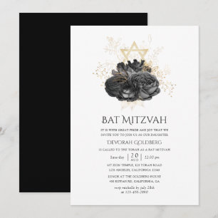 Vintage Schwarze und Goldene Florale Bat Mizwa Einladung