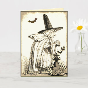 Vintage schwarze und weiße Halloween Hexenkarte Karte