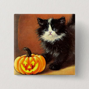 Vintage-schwarze-und-weiße-Halloween-Kätzchen Button