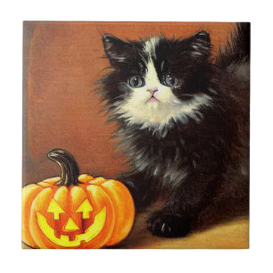 Vintage-schwarze-und-weiße-Halloween-Kätzchen Fliese