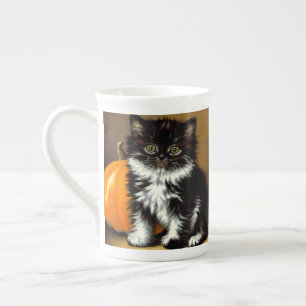 Vintage schwarze und weiße Halloween-Katze Porzellantasse
