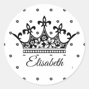Vintage schwarze und weiße königliche Blumenkrone  Runder Aufkleber