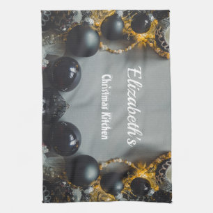 Vintage Schwarze Weihnachtsschmuck mit Ribbon Geschirrtuch