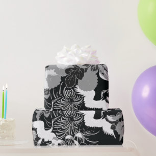 Vintage schwarze, weiße und graue Blumen und Vögel Geschenkpapier