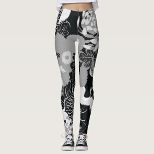Vintage schwarze, weiße und graue Blumen und Vögel Leggings