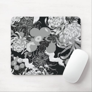 Vintage schwarze, weiße und graue Blumen und Vögel Mousepad