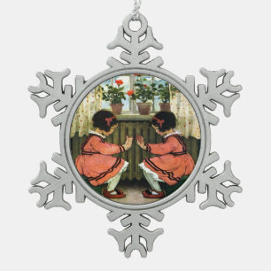 Vintage schwarze Zwillinge in Rot gekleidet - Wilc Schneeflocken Zinn-Ornament