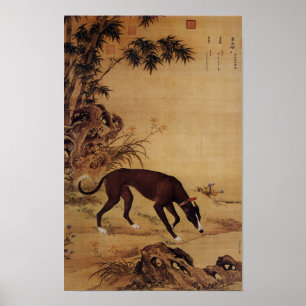 Vintage Schwarzer Greyhound & rosa Blüten Poster
