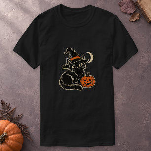 Vintage Schwarzer Katzen-Hexenhut Halloween T-Shirt
