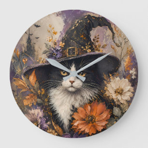 Vintage Schwarzer Katzen-Hexenhut Herbstblumen Große Wanduhr