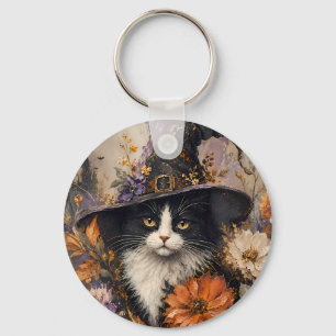 Vintage Schwarzer Katzen-Hexenhut Herbstblumen Schlüsselanhänger