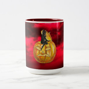 Vintage Schwarzer Teufel auf Jack o' Lantern und R Zweifarbige Tasse