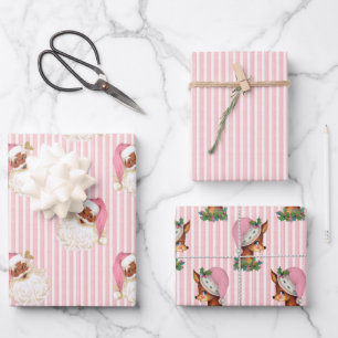 Vintage Schwarzer Weihnachtsmann & Rentier mit ros Geschenkpapier Set