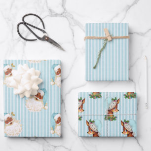 Vintage Schwarzer Weihnachtsmann & Rentier Türkis  Geschenkpapier Set